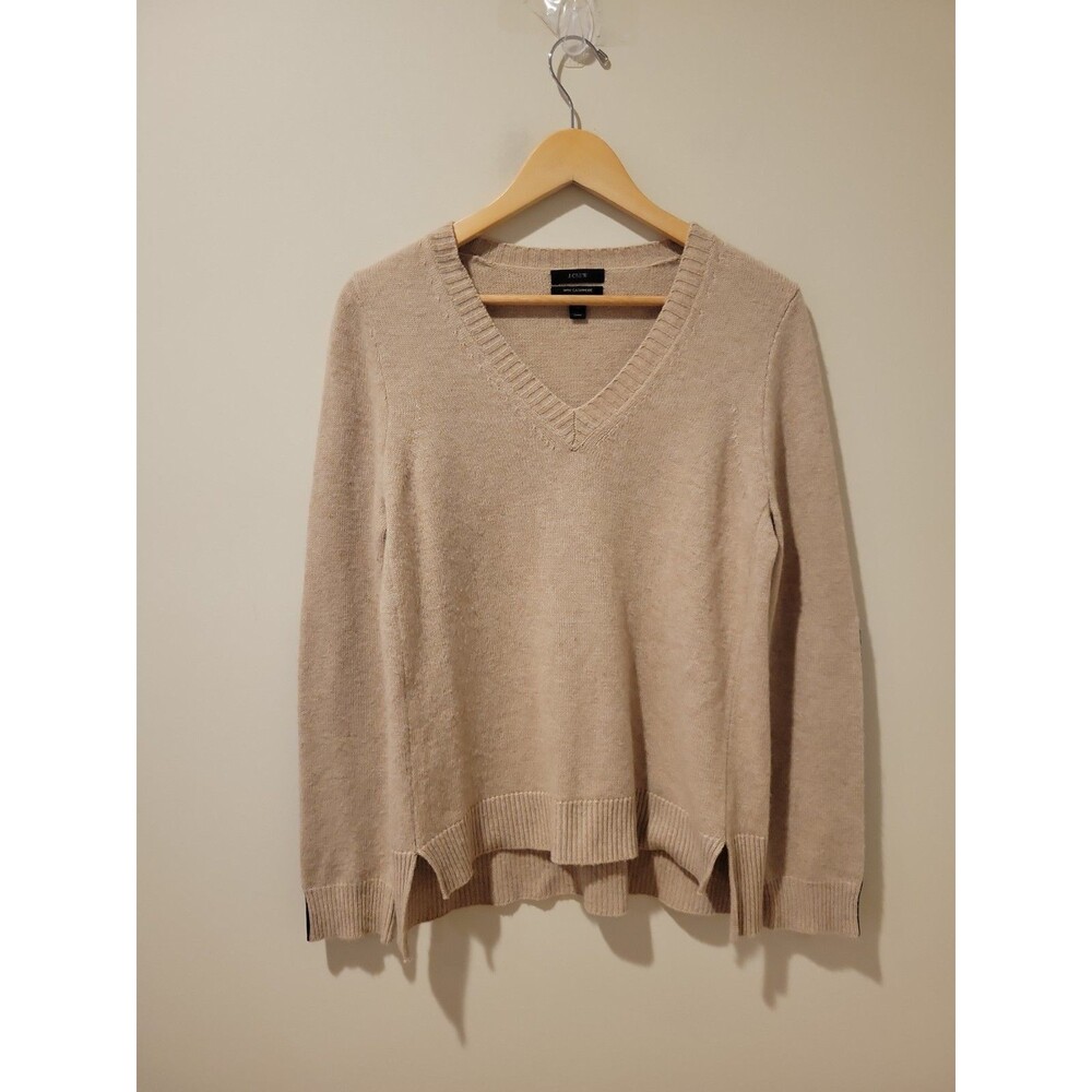 J.Crew Wool Cashmere V Neck Sweater Women's M Beige Black Leather Sleeve Panels - Picture 2 of 7
